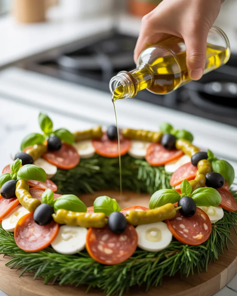 Mozzarella, roasted peppers, and green olives fill the gaps and add festive red and green color