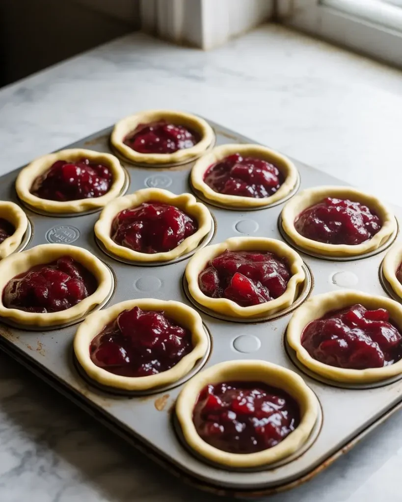 Muffin tin filled with cranberry pear filling inside raw mini pie shells