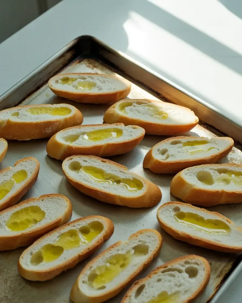 Olive oil-brushed baguette slices toasted to golden perfection at 400°F