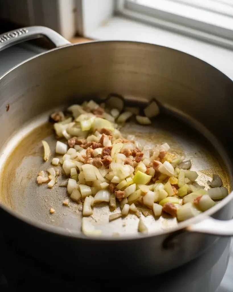 Onion and garlic softening in pork fat to build the soup's aromatic base