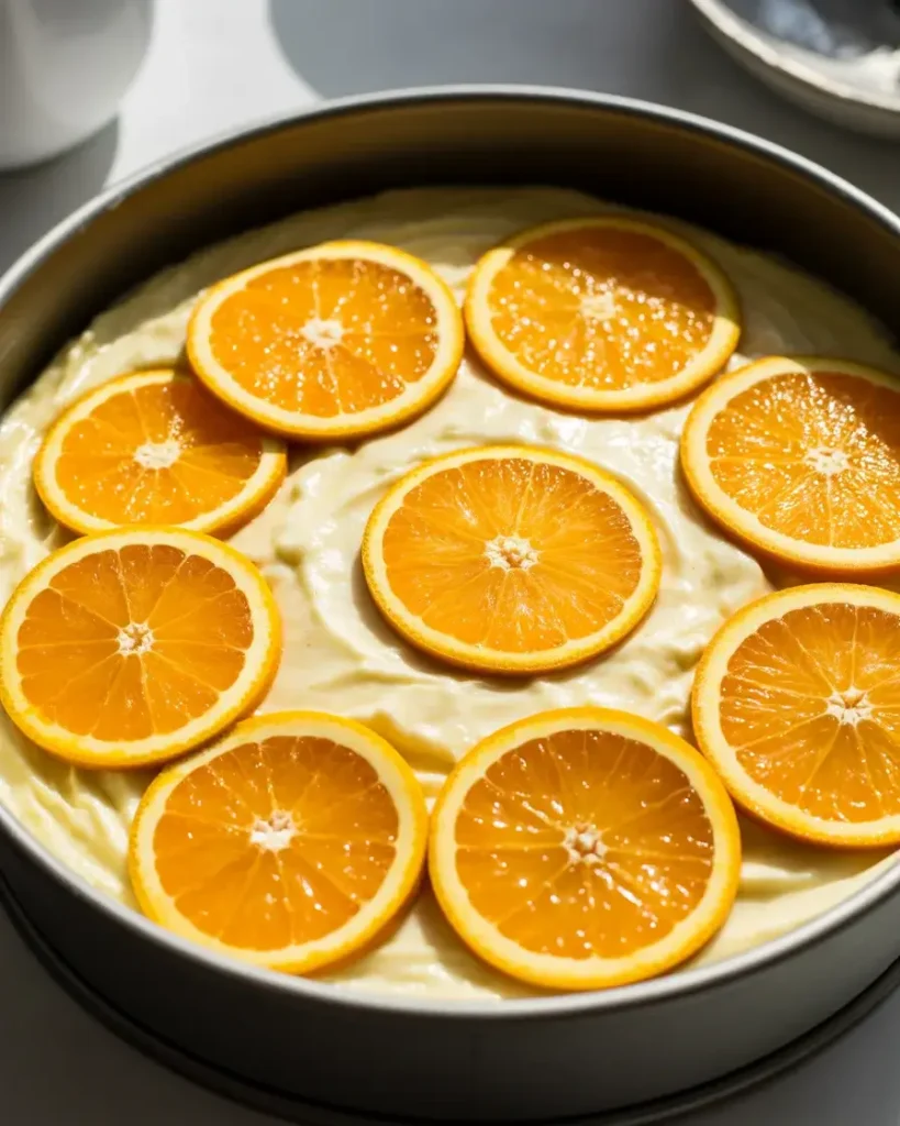Orange slices pressed into the batter before baking for a caramelized citrus topping