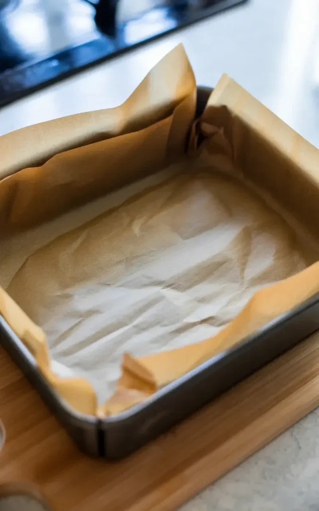 Parchment-lined 8x8 pan ready for brownie batter with neat overhang on both sides