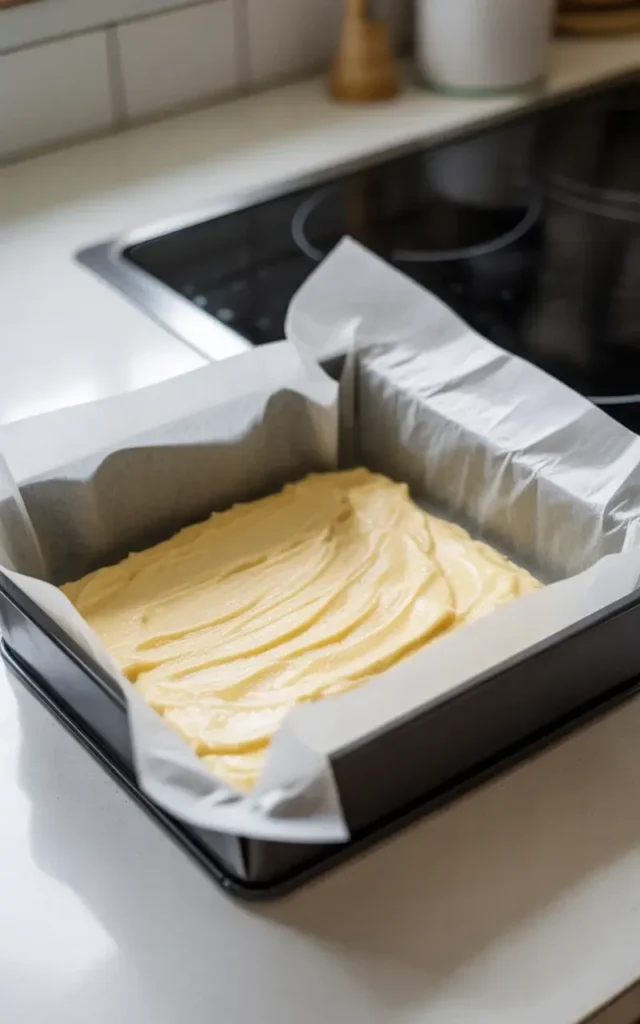 Parchment-lined baking pan ready for the carmelita layers