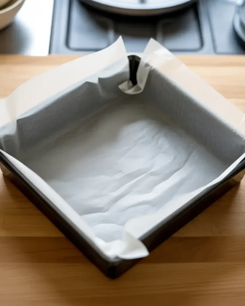 Parchment-lined pan ready for peppermint joy bar layers