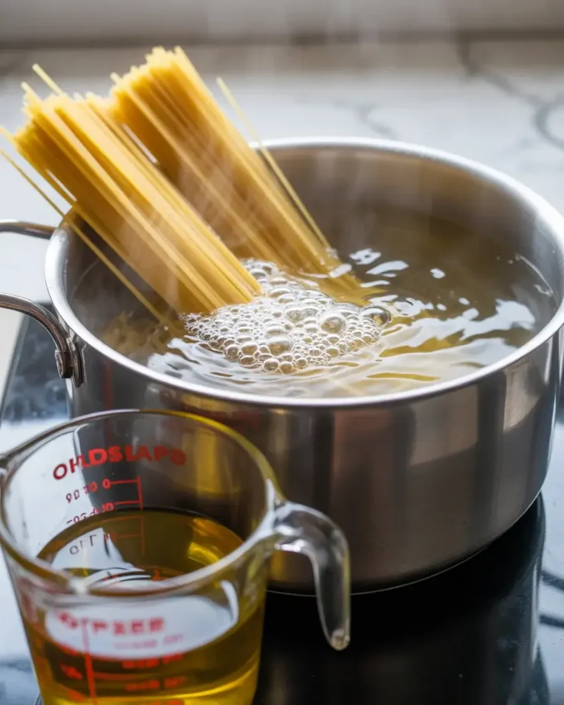 Pasta boiling in salted water with reserved starchy pasta water ready