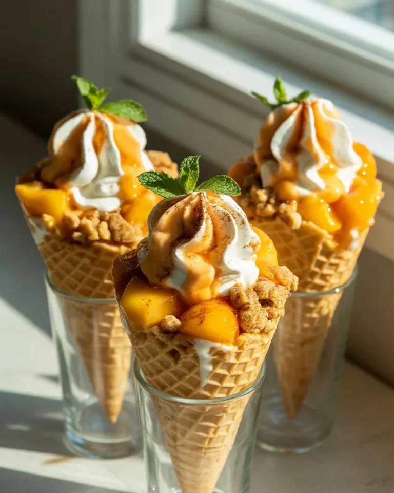 Peach cobbler cheesecake cones piled with spiced peaches, crumble, and cream cheese swirl