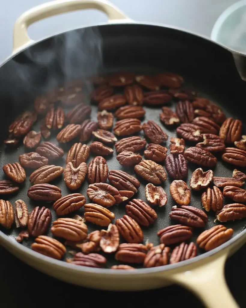 Pecan halves toasting in a dry skillet until golden brown and deeply fragrant
