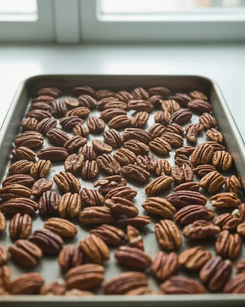  Pecan halves toasting to golden perfection on a baking sheet