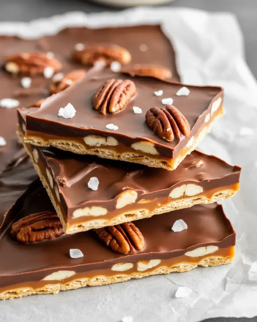 Pecan pie bark broken into rustic pieces showing caramel, pecan, and chocolate layers
