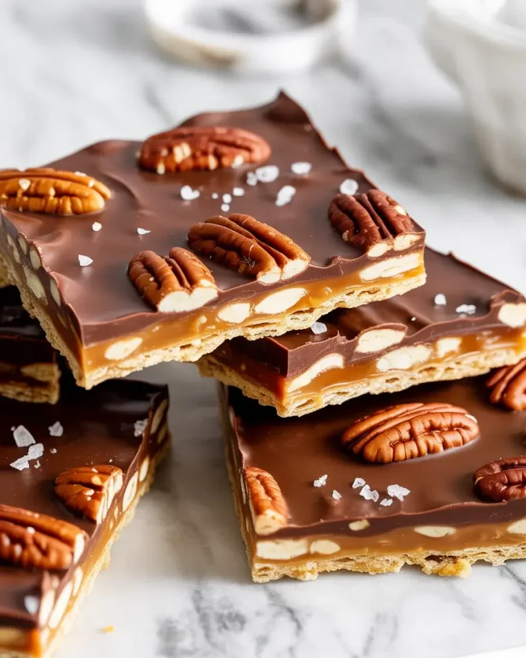 Pecan pie bark with caramel, toasted pecans, dark chocolate, and flaky sea salt