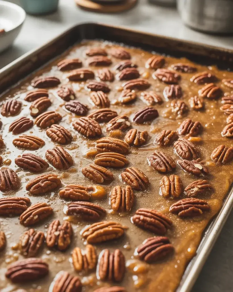 Pecan-topped caramel bark fresh from the oven, bubbling and deeply golden