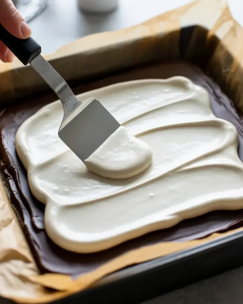Peppermint cream layer spread evenly over the firm dark chocolate base