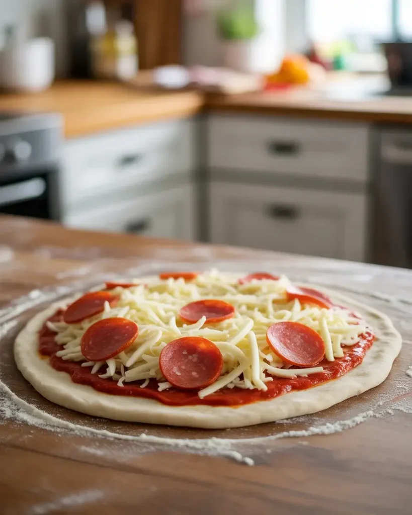 Pepperoni and two-cheese filling layered over dough with Italian seasoning and red pepper flakes