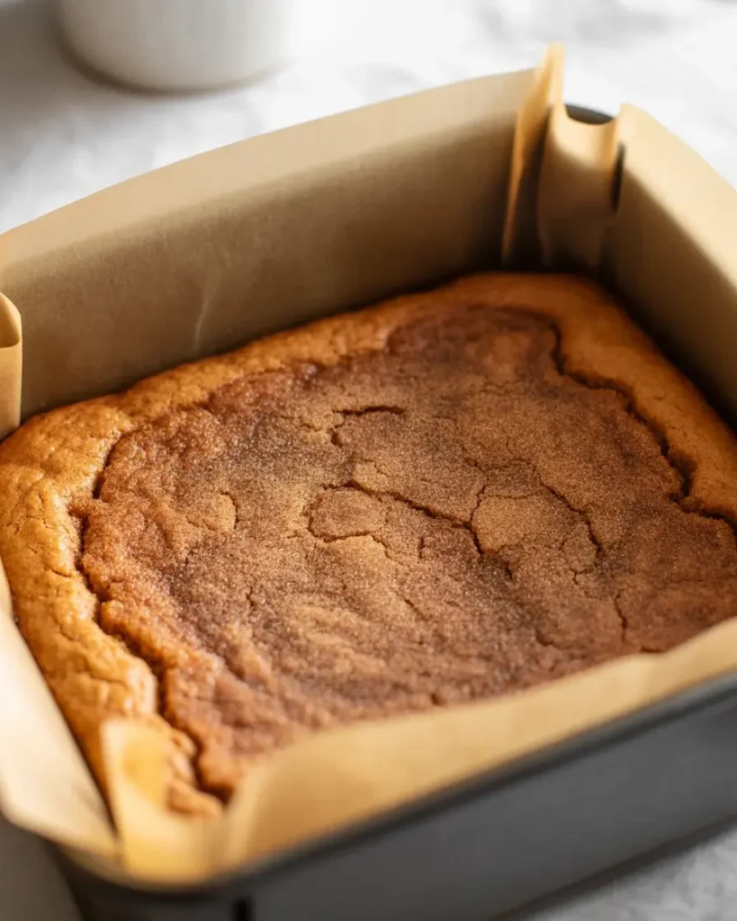 Perfectly baked blondies with crackly cinnamon sugar crust fresh from the oven