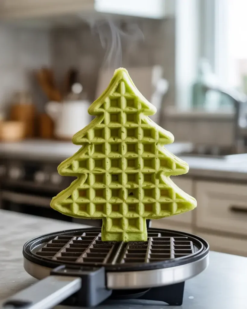 Perfectly cooked Christmas tree waffle lifting cleanly from the iron