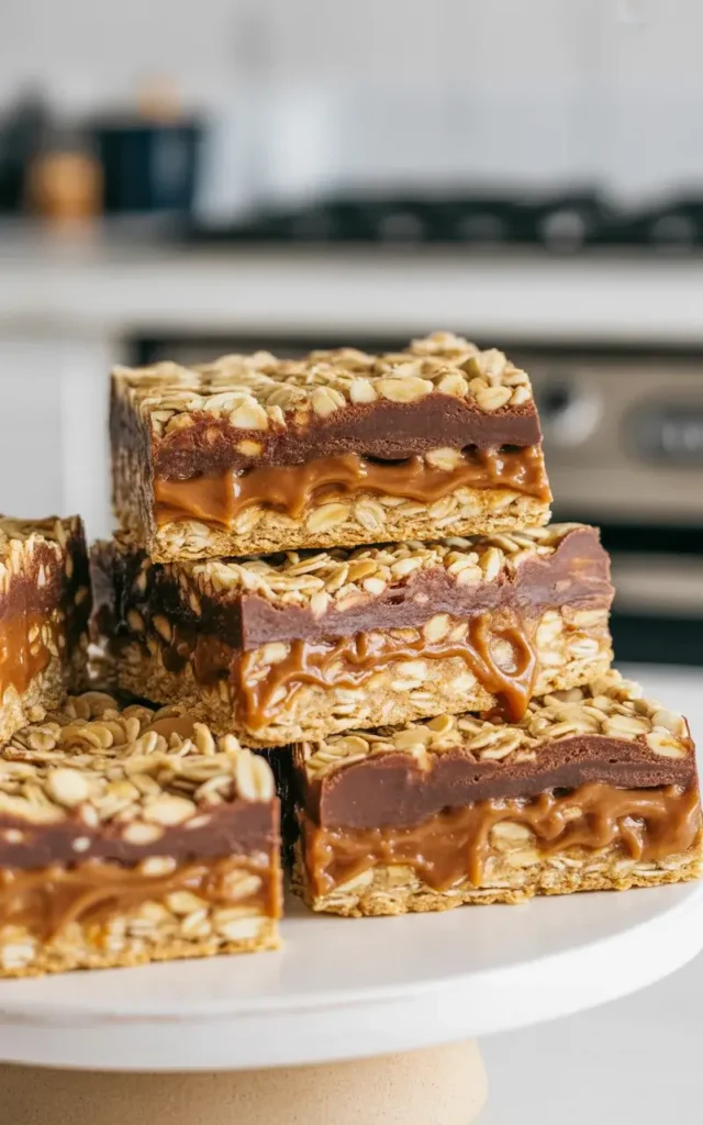 Perfectly sliced carmelitas showing gooey caramel and chocolate layers inside