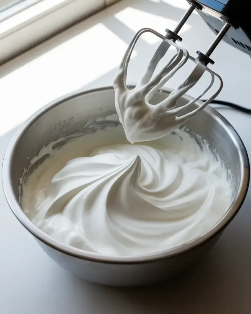 Perfectly whipped cream at soft peak stage, light and billowy