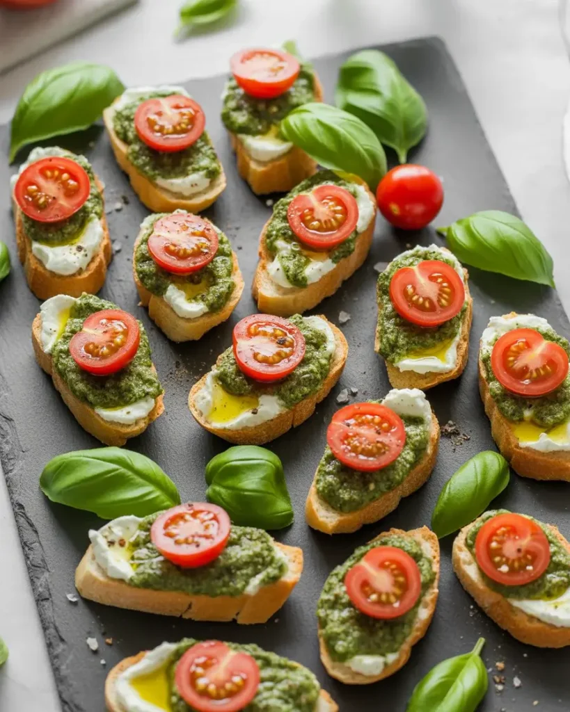 Pesto ricotta crostini topped with cherry tomatoes, basil, and cracked pepper