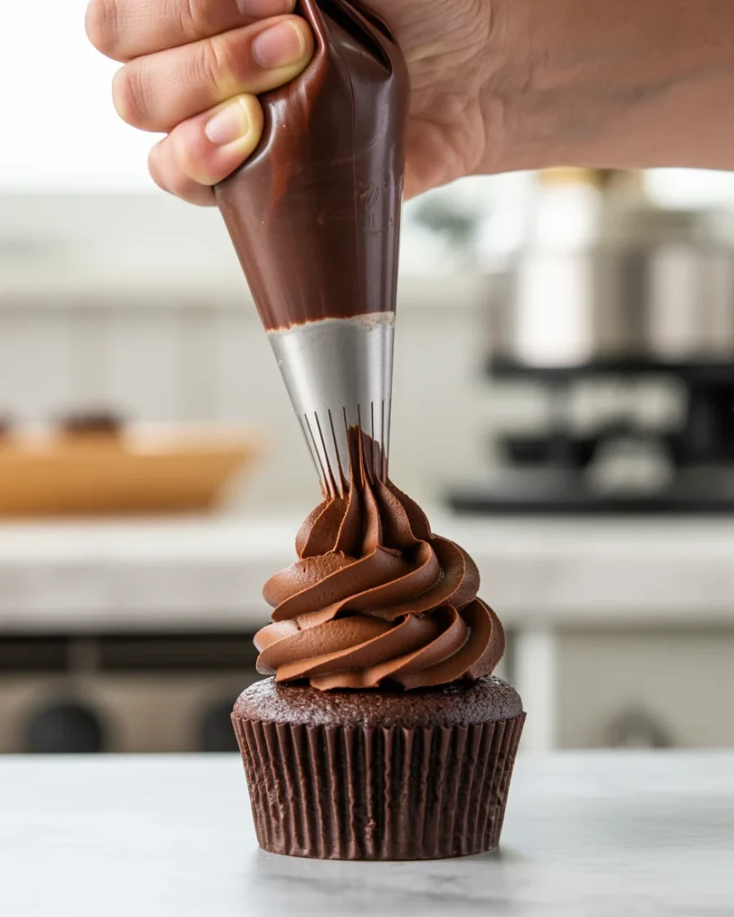 Piping a tall chocolate buttercream swirl onto each cupcakePiping a tall chocolate buttercream swirl onto each cupcake