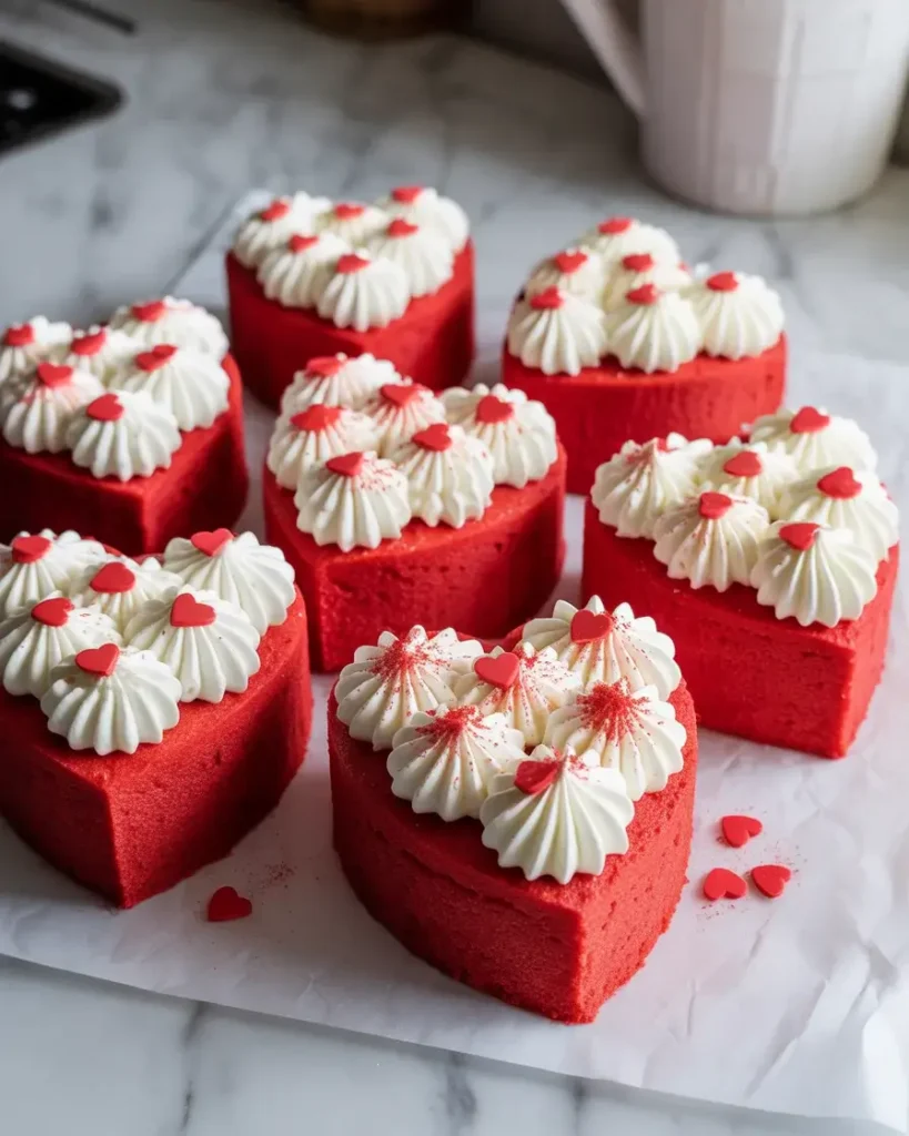 Piping cream cheese frosting swirls onto red velvet hearts and finishing with red sanding sugar