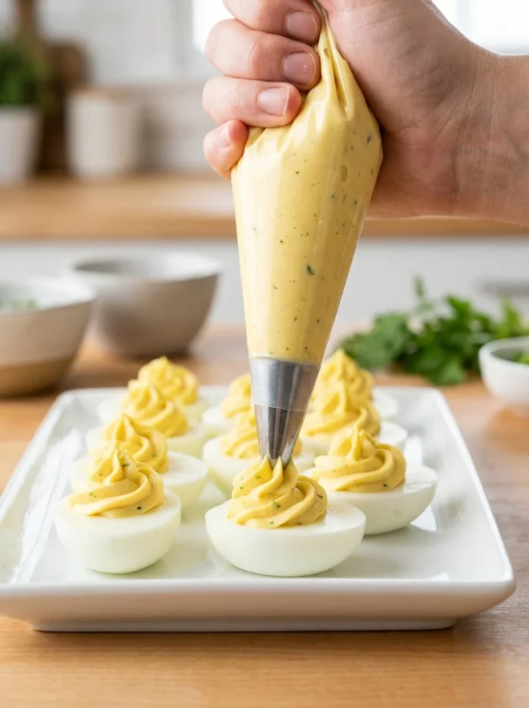Piping jalapeno popper filling into egg whites in generous swirled mounds