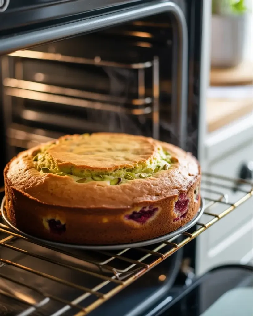 Pistachio cake baking golden at 350°F with raspberry spots showing through the crust