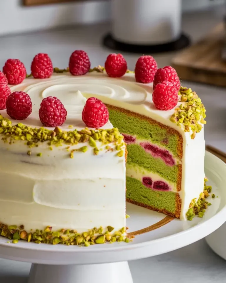 Pistachio raspberry cake with mascarpone frosting showing green crumb and fresh berry garnish