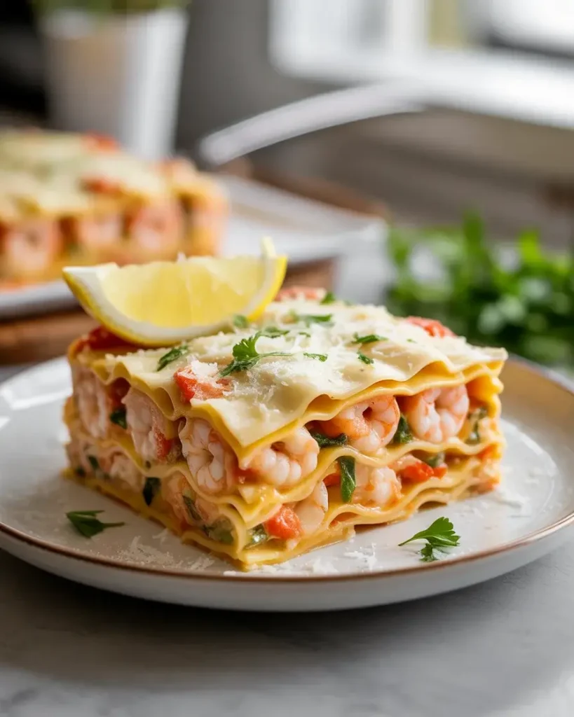 Plated lasagna slice garnished with parsley, Parmesan, and a fresh squeeze of lemon