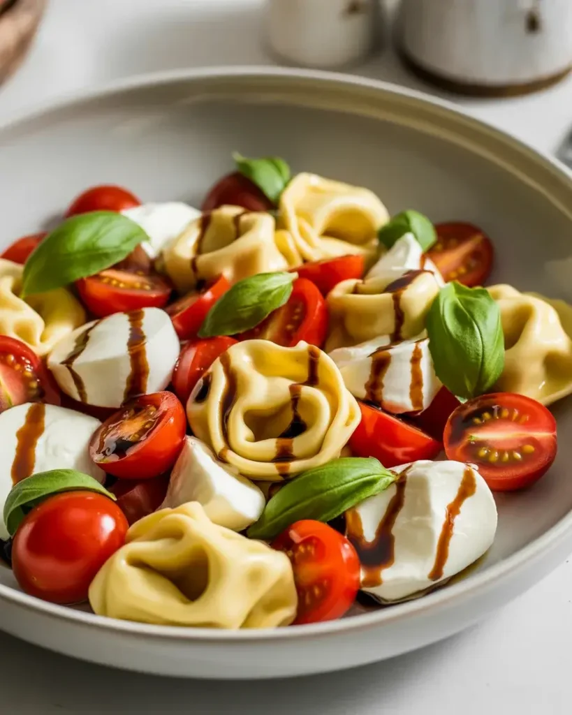 Plated tortellini caprese salad drizzled with balsamic glaze and finished with fresh basil