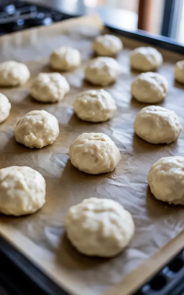 Portioned ricotta cookie dough ready to go into a 350°F oven for 12 to 14 minutes