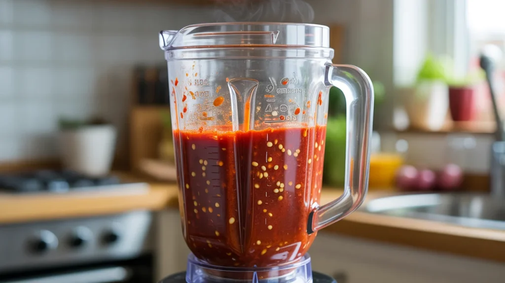 Pouring cooled Thai chili hot sauce into a sterilized jar for storage