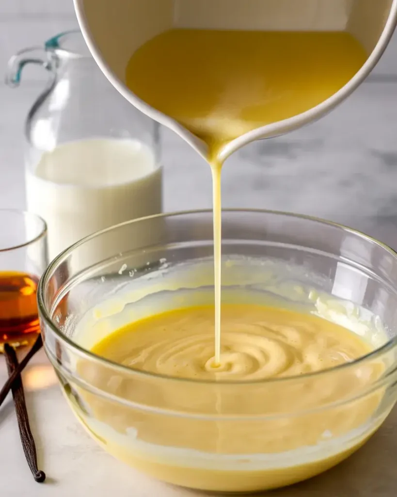 Pouring melted butter into custard mixture for a silky smooth filling