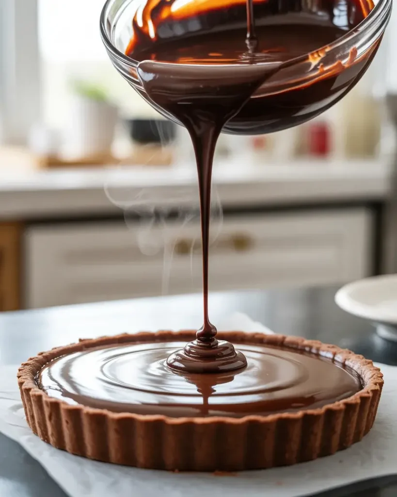 Pouring silky dark chocolate ganache over the baked crust for a rich base layer