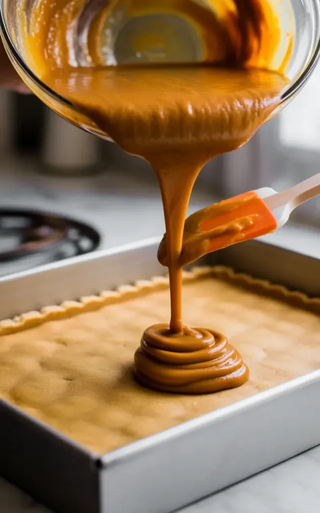 Pouring smooth pumpkin filling slowly over the warm pre-baked shortbread crust