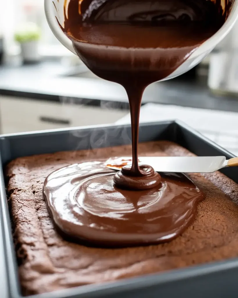 Pouring warm frosting over hot brownies for a smooth, glossy chocolate topping