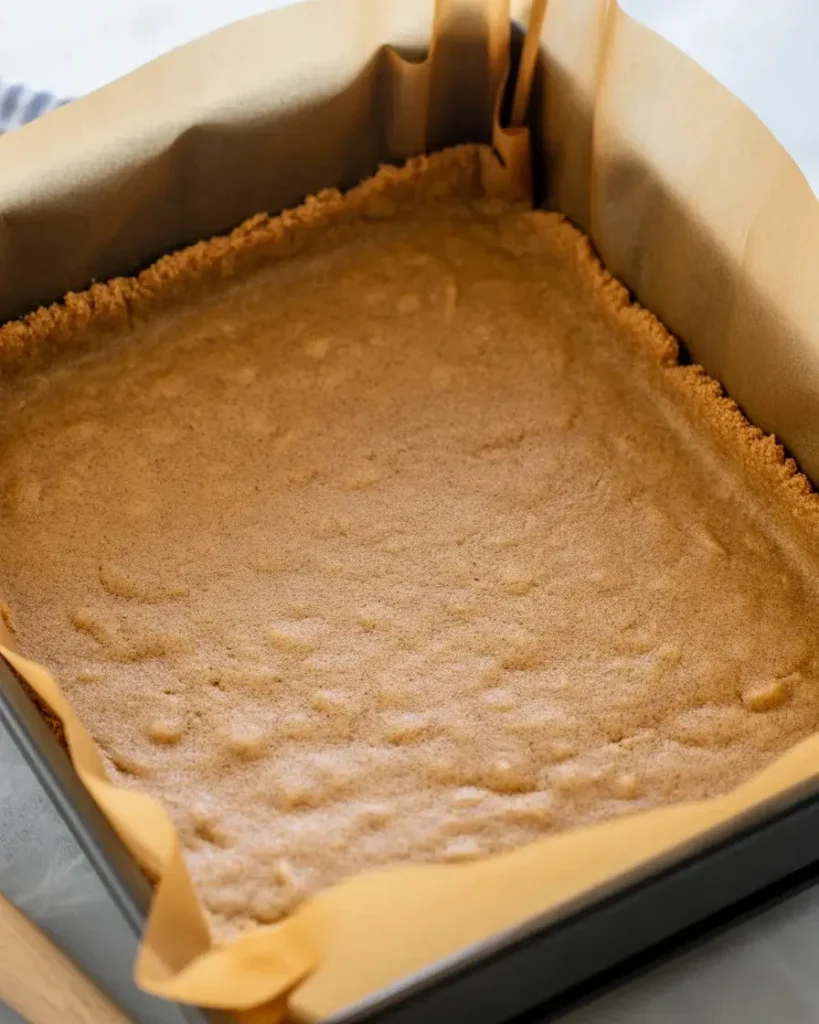 Pre-baked graham cracker crust pressed firm and golden in a lined 9x13 pan