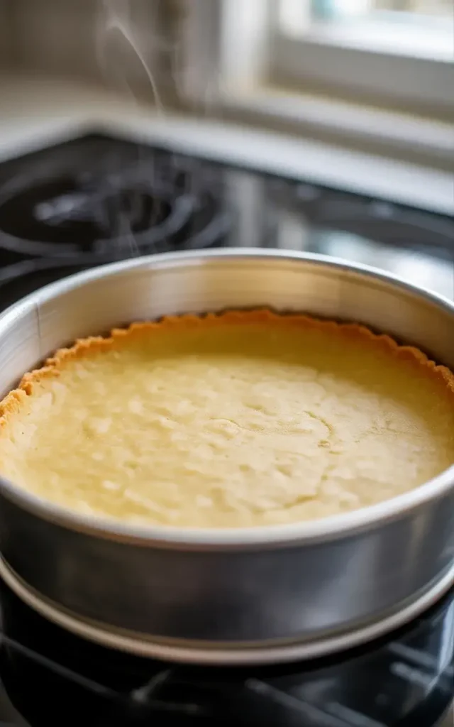 Pre-baked shortbread crust with golden edges ready for the pumpkin filling