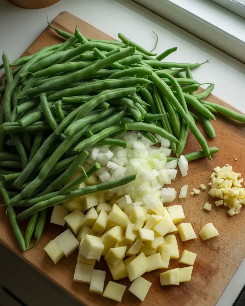 Prepped green beans, potatoes, onion, and garlic ready for the soup pot