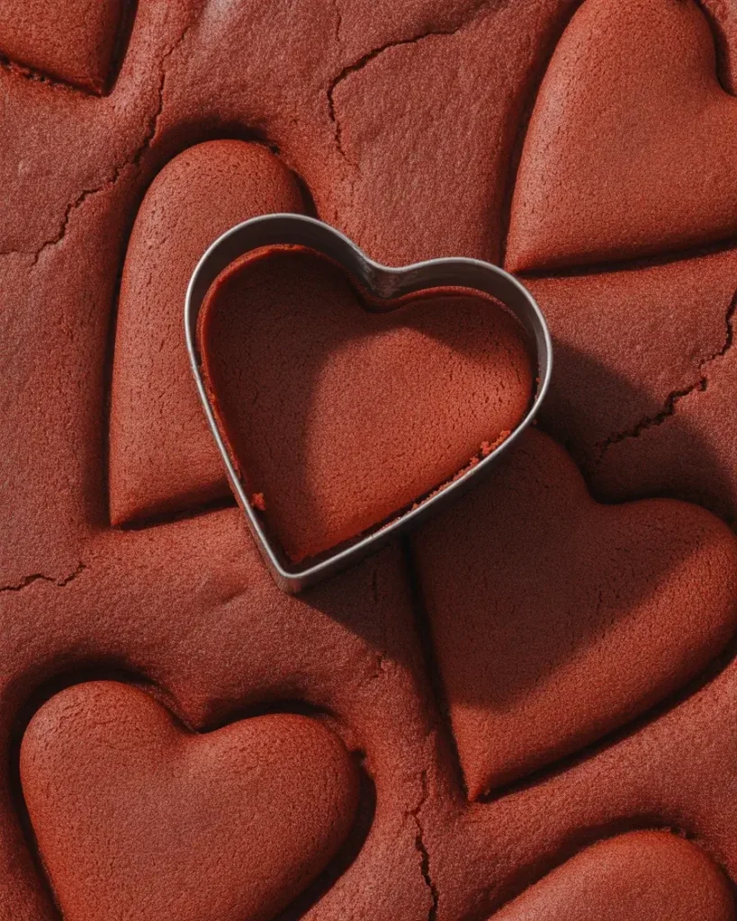 Pressing a heart cutter into chilled red velvet cake for clean, crumble-free shapes