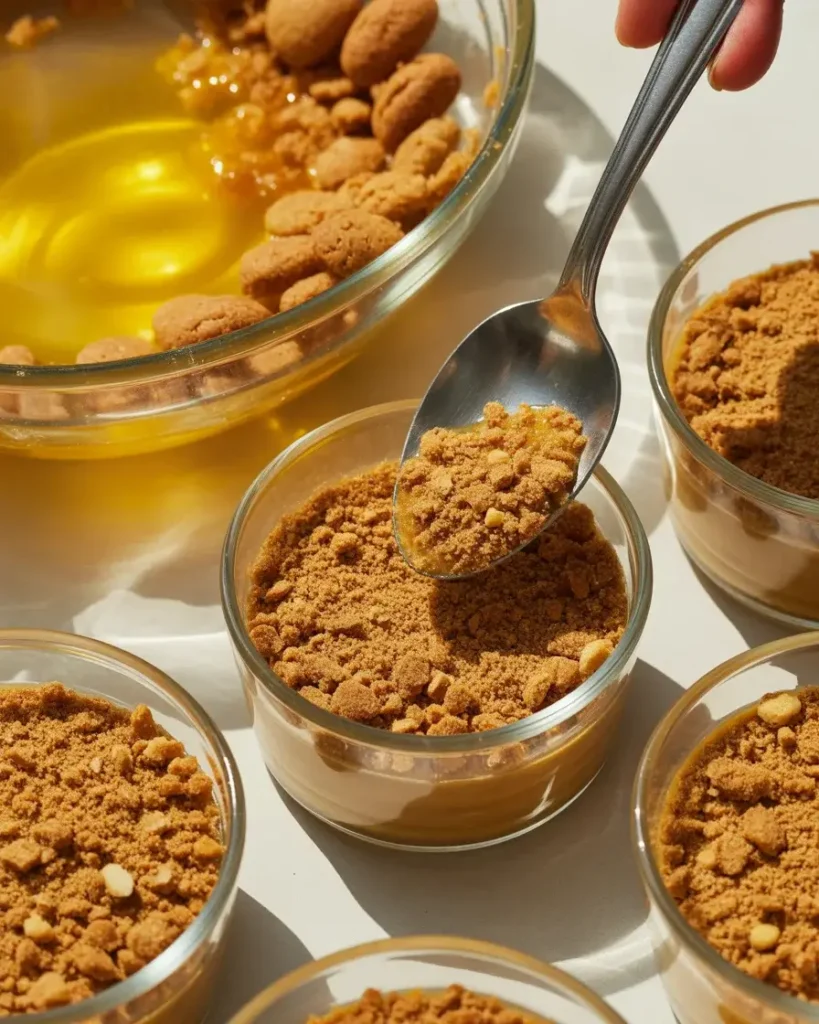 Pressing buttery gingersnap crumbs into individual dessert cups for the perfect holiday crust