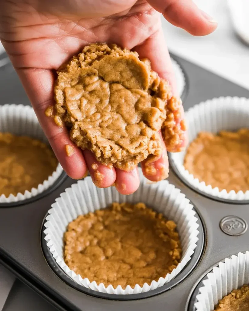 Pressing buttery graham cracker crust into cupcake liners for mini cheesecakes