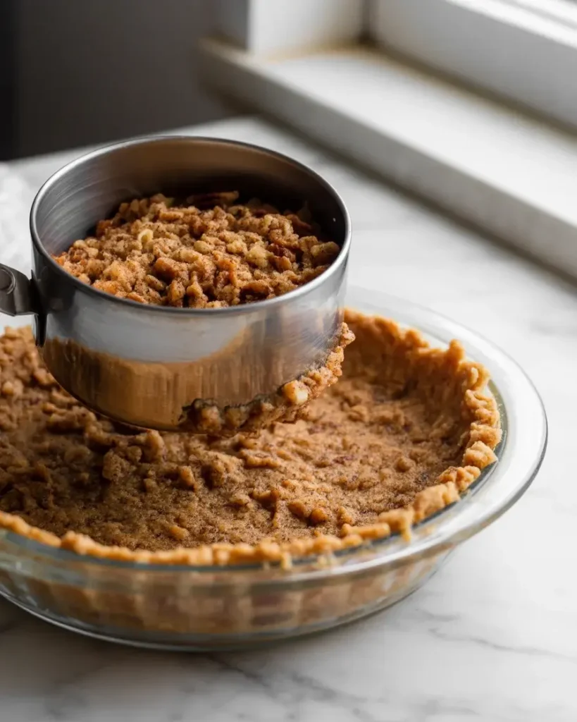 Pressing buttery pecan crust firmly into pie dish before freezing