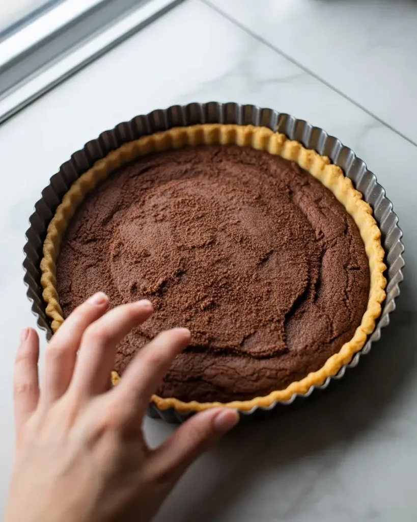 Pressing chocolate cookie crumbs firmly into a tart pan for the perfect base