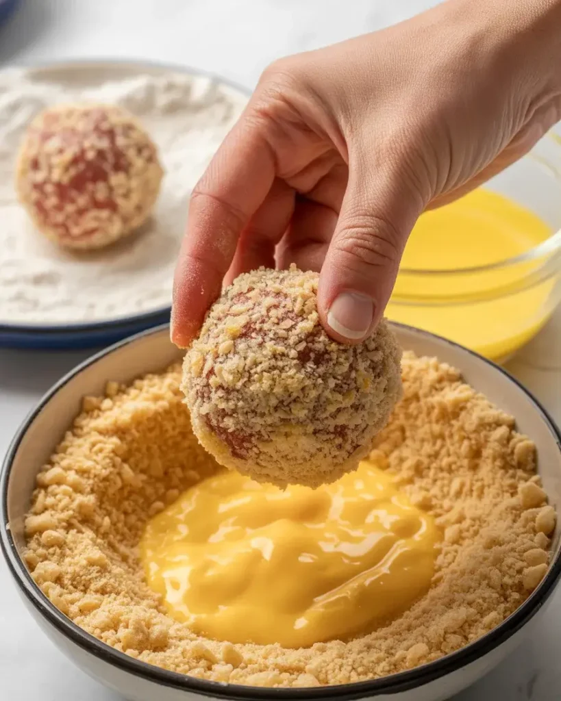 Pressing each Reuben ball firmly into panko for a full, even coating on every side