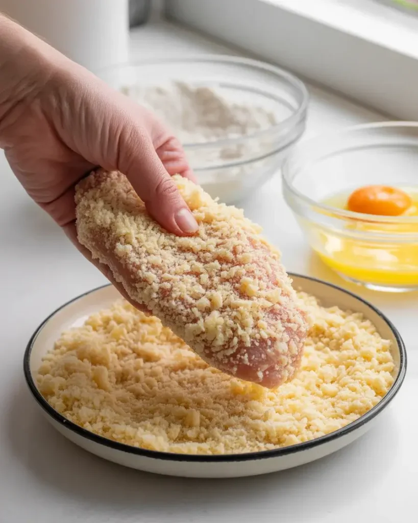  Pressing panko coating firmly onto the cutlet ensures an even, crunchy crust