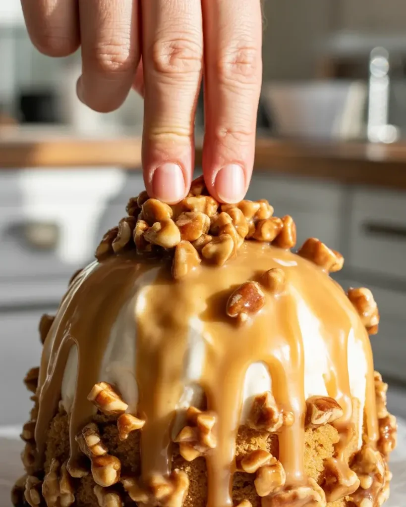  Pressing praline crumble onto caramel-drizzled ice cream cupcakes for crunch and visual drama