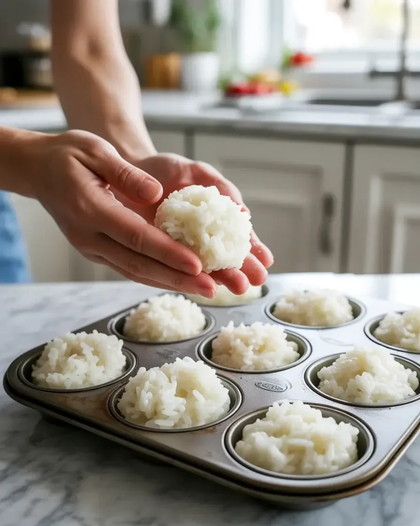 Pressing seasoned rice into muffin cups with wet fingers to form sturdy edible bowls