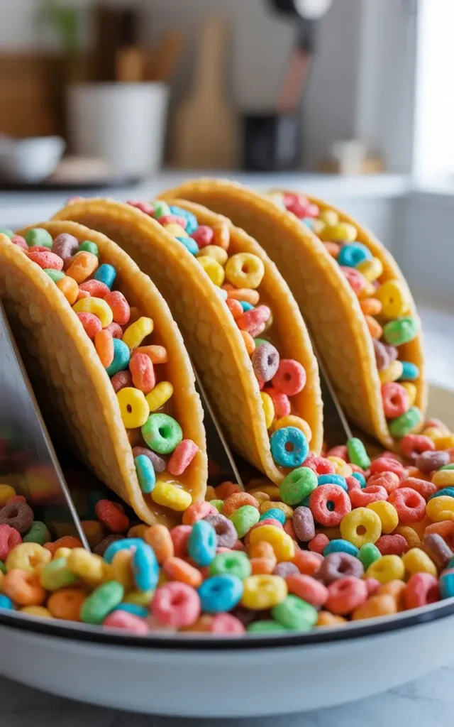 Pressing warm sugar shells into Fruity Pebbles for a colorful crunchy coating
