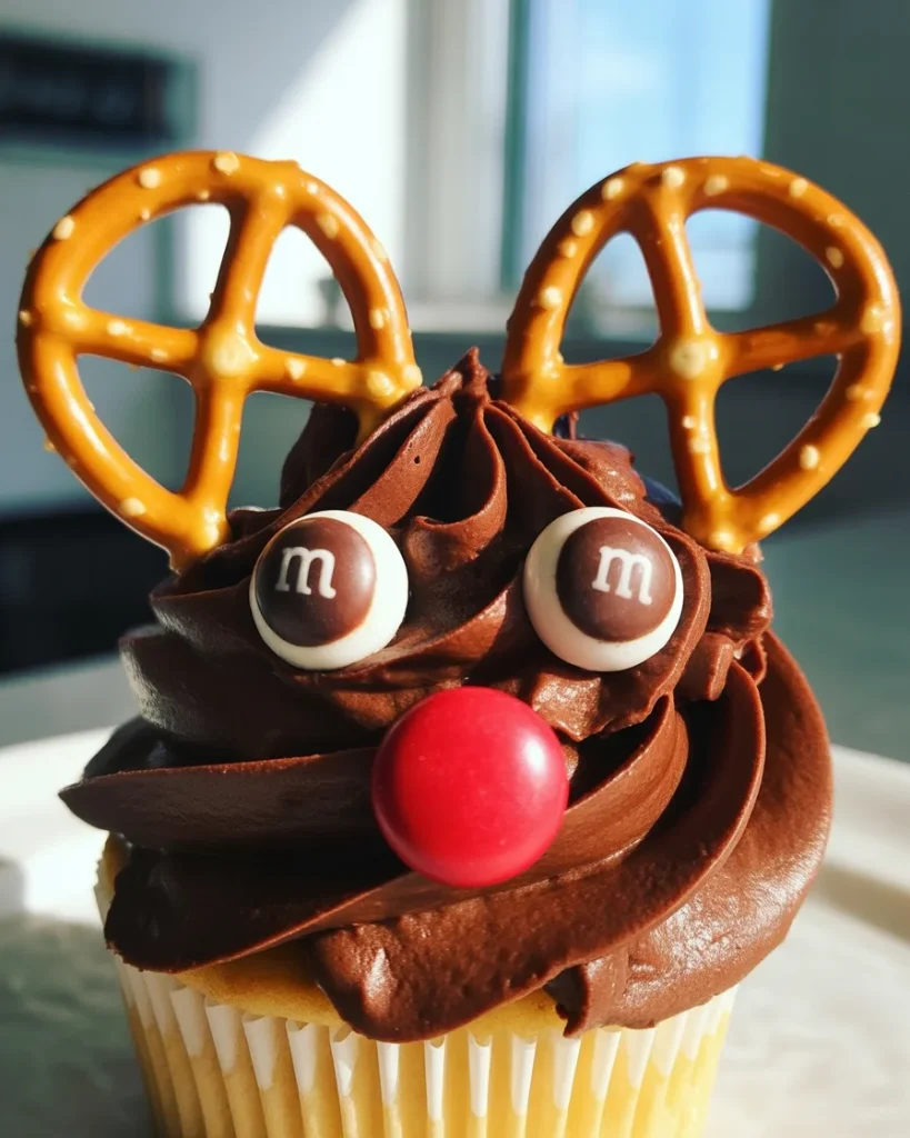 Pretzel antlers and candy face details make each reindeer cupcake unique