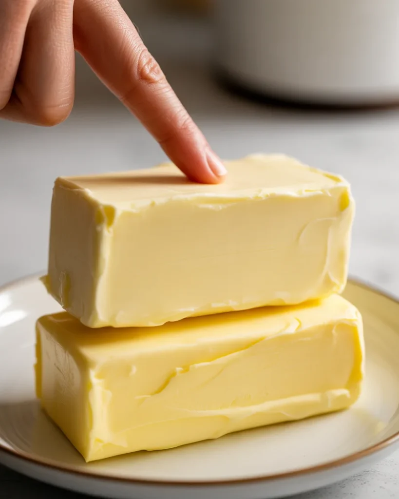 Properly softened butter holds a finger indent without being greasy or melted
